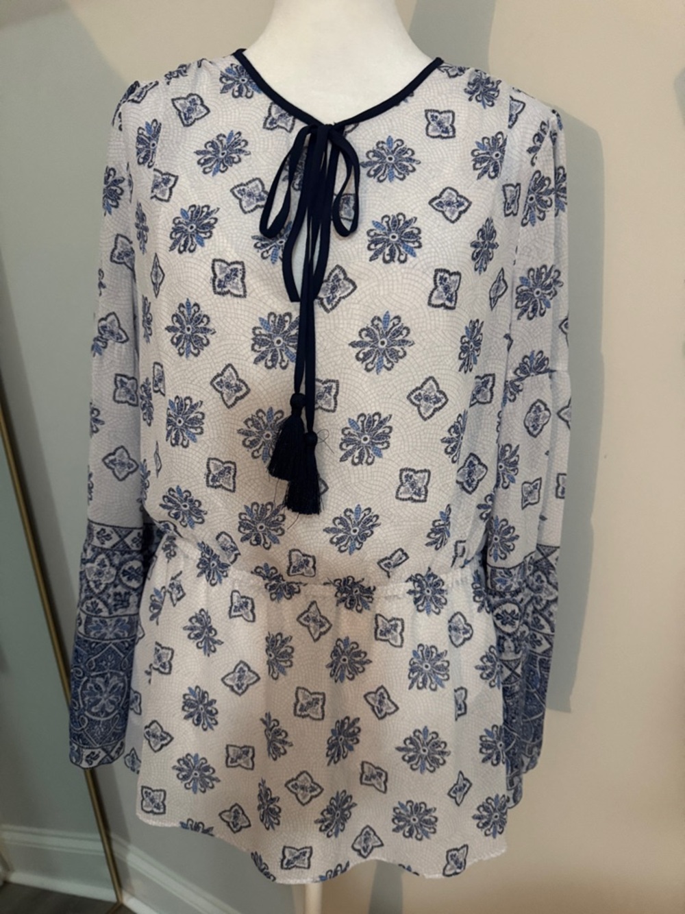 Michael Kors White and Navy Printed Long-Sleeve Peasant Blouse